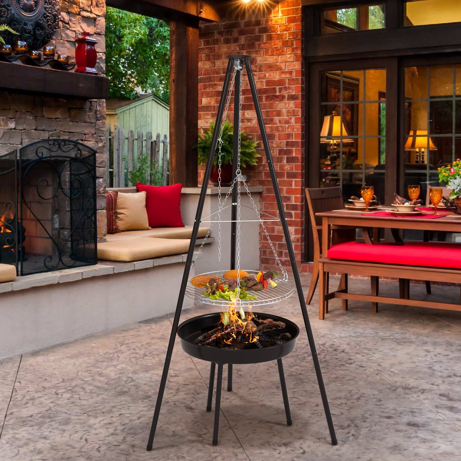 Camping Fire Pit Portable, Outdoor Height-Adjustable Hanging Tripod with Stainless Steel Barbecue Net and Charcoal Barbecues Grill Tall Garden Patio Heater for Campfire Cooking Pot Rack black