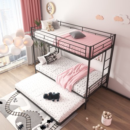paproos Twin Over Twin Metal Bunk Bed with Trundle  New Upgraded Twin Size Metal Bunk Bed Frame with 2 Side Ladders  Convertible to 2 Beds  Heavy Duty Bunk Bed for Kids Boys Girls Teens Adults  Black