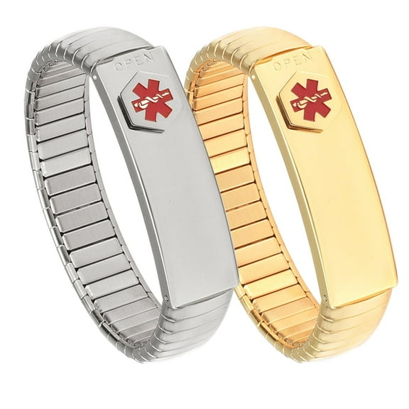Elastic Medical Alert Bracelets for Men or Women, Set of 2, Gold& Silver, with Lift up Section, 7.48 inches（19CM）, Come with Medical info Card, Width: 13mm