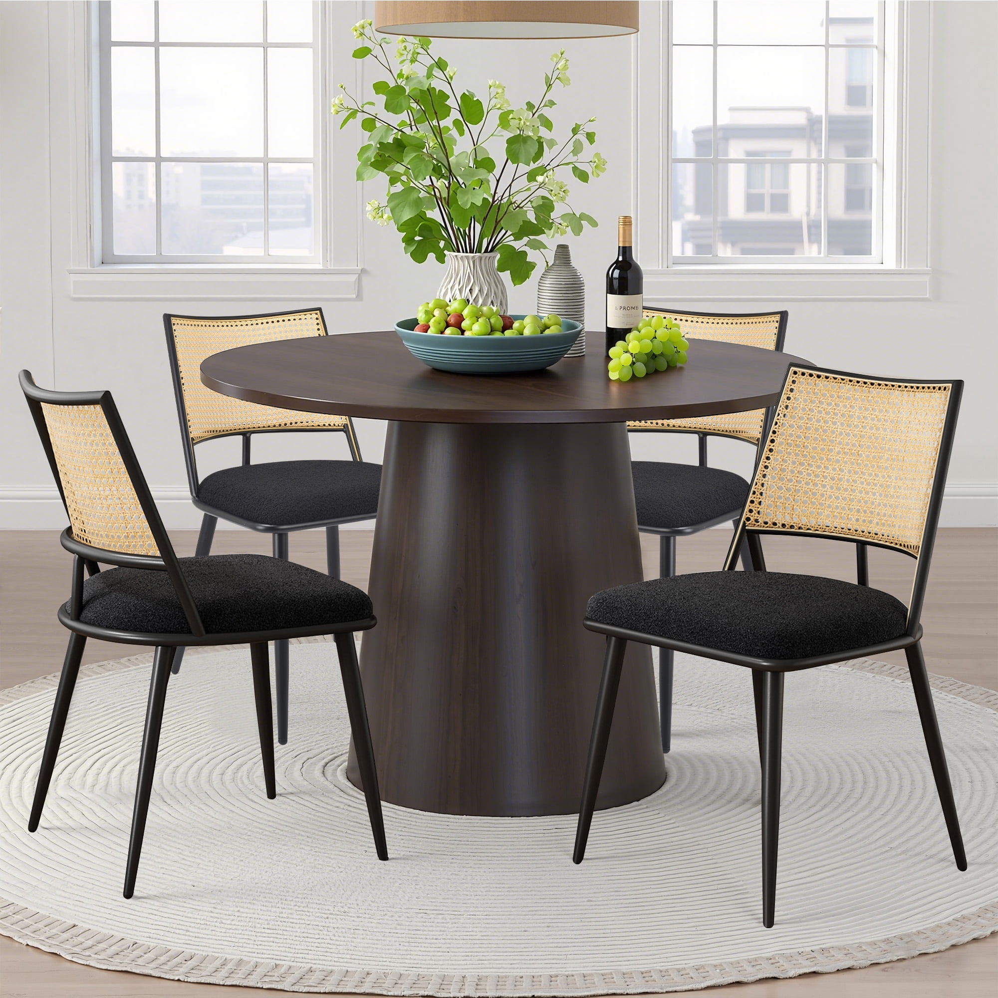 MAYEERTY Black Dining Chairs Set of 2, Rattan Backrest, Metal Frame, Boucle Upholstery for Living Room