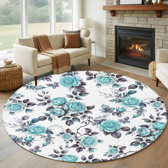 Round Area Rug 6 Ft, Aqua Rose Washable Non-Slip Circle Carpet for Living Room/Bedroom, Rustic Romantic Botanical Floral Vines Art Low-Profile Indoor Mats Collection Rugs for Residential