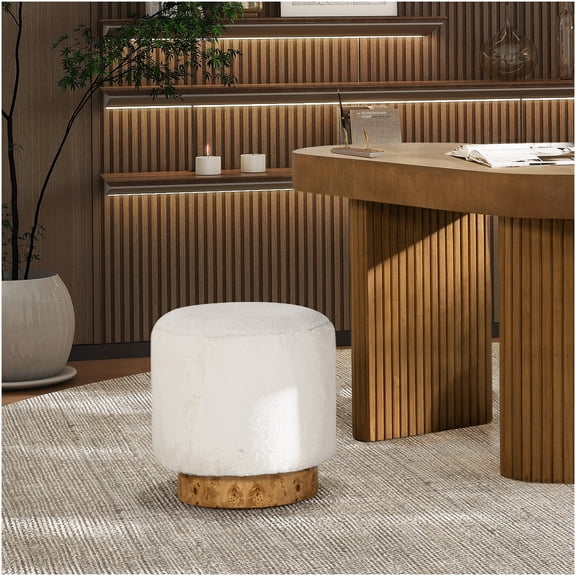 Tilly 16.5" Round Faux Fur Pouf Ottoman, Plush White Footrest Stool with Burl Wood Base