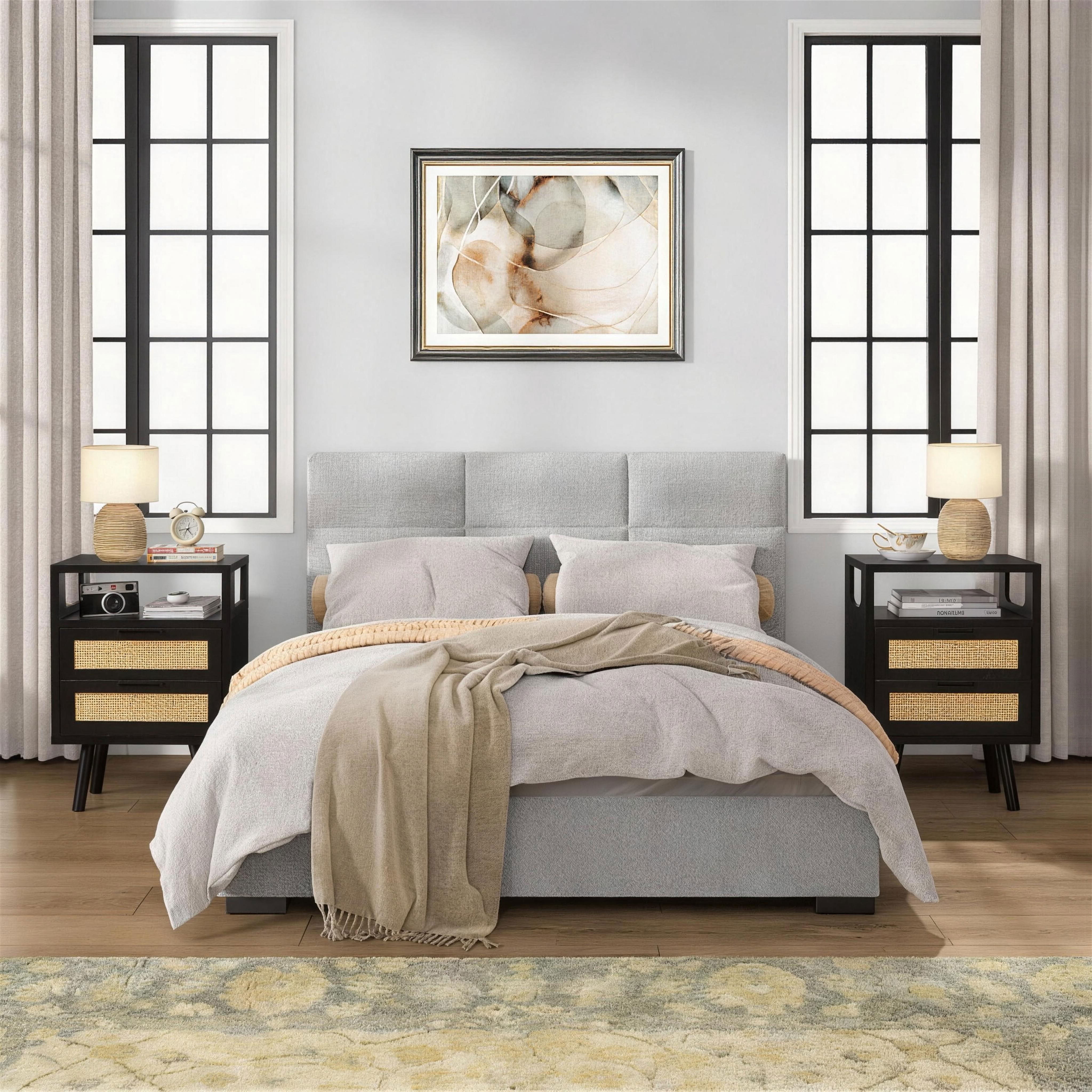MAYEERTY Set of 2 Rattan End Tables with 2 Drawers and Open Shelf, Modern Wood Side Table with Tapered Legs, for Living Room Bedroom Small Spaces