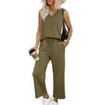 thumbnail image 2 of bbyeadc Beach Vacation Clothes for Women V Neck Sleeveless Casual Travel Set Womens Clothing Wide Leg Drawstring Matching Sets Women Soft Airport Outfits for Women 2025, Army Green XL, 2 of 6