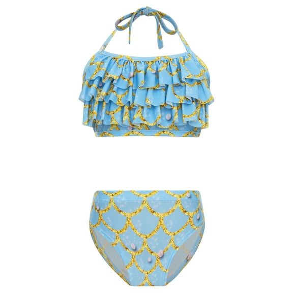 iiniim Kids Girls Two Pieces Bikini Swimsuit Halter Neck Swim Top with Briefs Bottoms Sets Light Blue 120