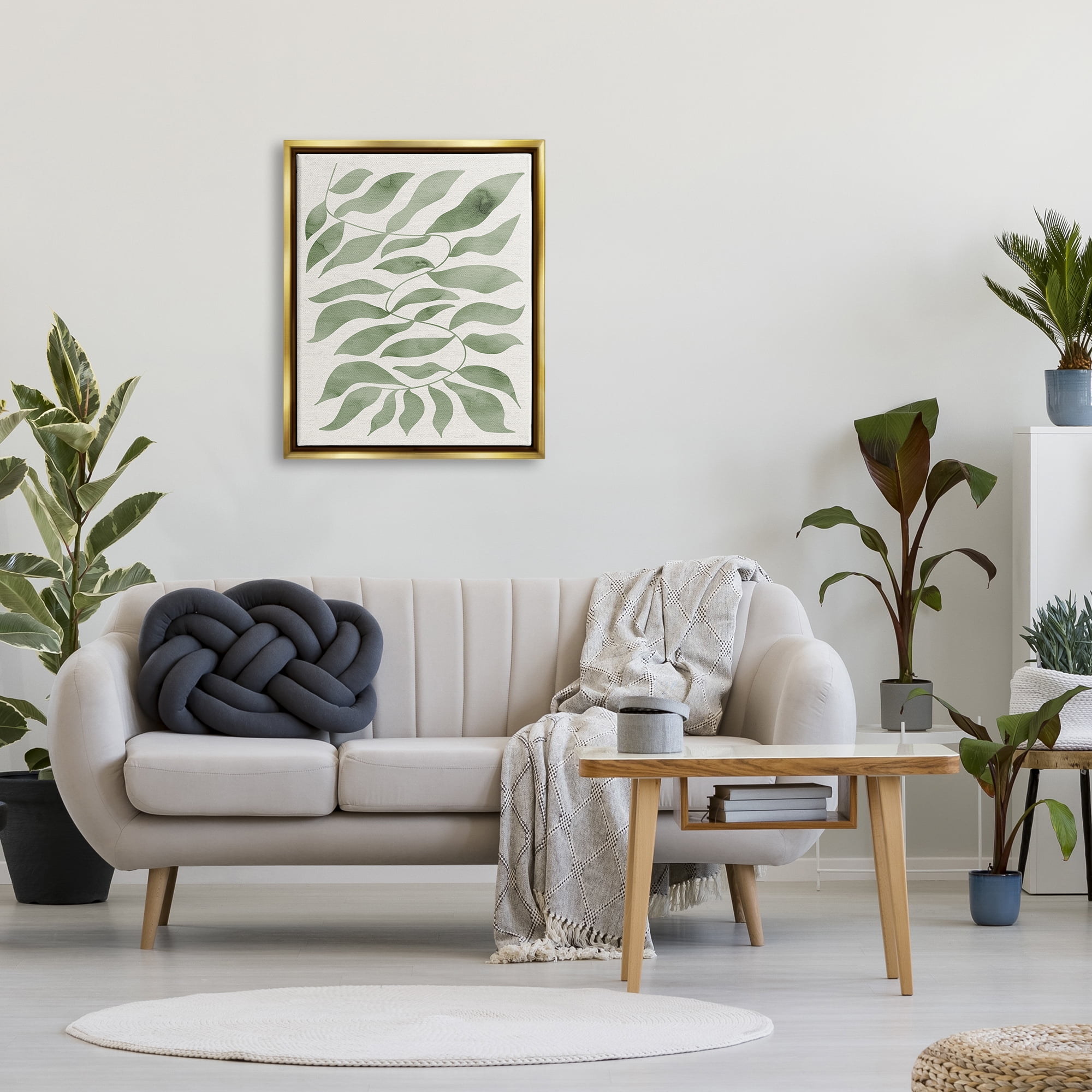 Stupell Industries Boho Plant Leaf Sprig Botanical & Floral Painting Gold Floater Framed Art Print Wall Art, 25 x 31