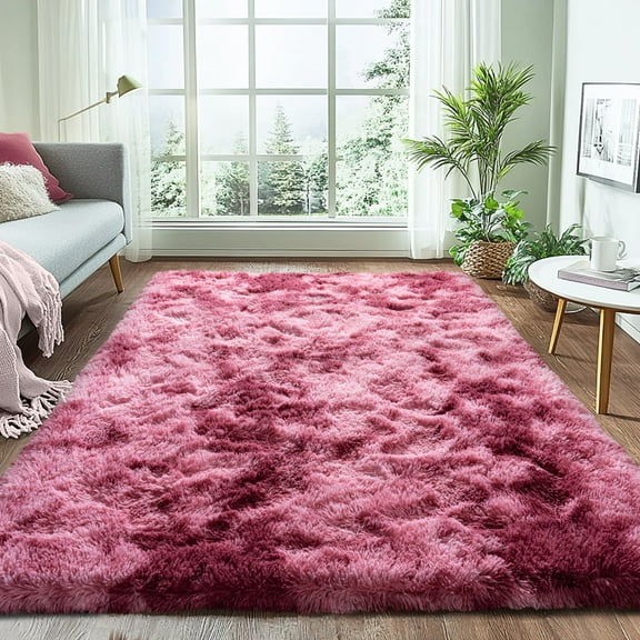 Socofuz 4x6ft Tie Dye Dark Red Fluffy Rug, Non Slip Plush Indoor Floor Bedside Area Rug for Living Room, Bedroom, Girls Kids Room, Nursery Home Decor