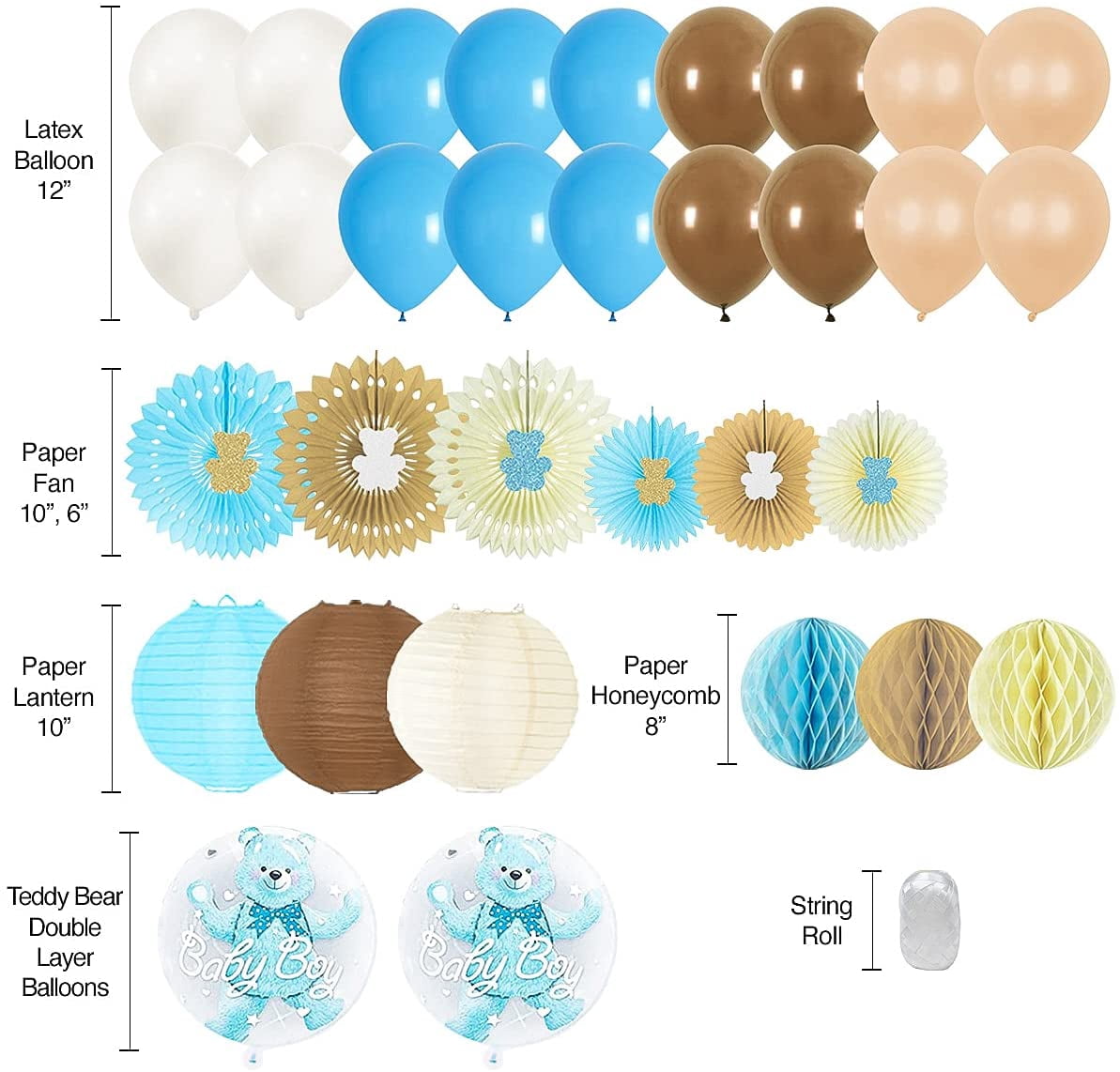 210 PC Teddy Bear Baby Shower Decorations for Boy Kit- It's a BOY Pre-Strung Banners, Garland, Streamers Guestbook Mommy Sash Blue Brown Balloons Cake Toppers Paper Fans Lantern Games & Favor Sticker