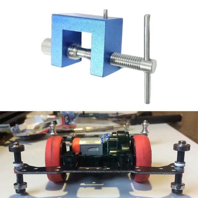herramienta de extracción de rodamientos de bolas macarena azul montaje de rodamiento de bolas Herramienta de aleación azul de 6 cm con bloque en U y tornillo roscado con mango en T; vista centrada, diseñada para extracción e instalación de rodamientos en coches modelo 1/8 RC y a menudo usada también para sujetar ejes de rueda durante reparaciones.