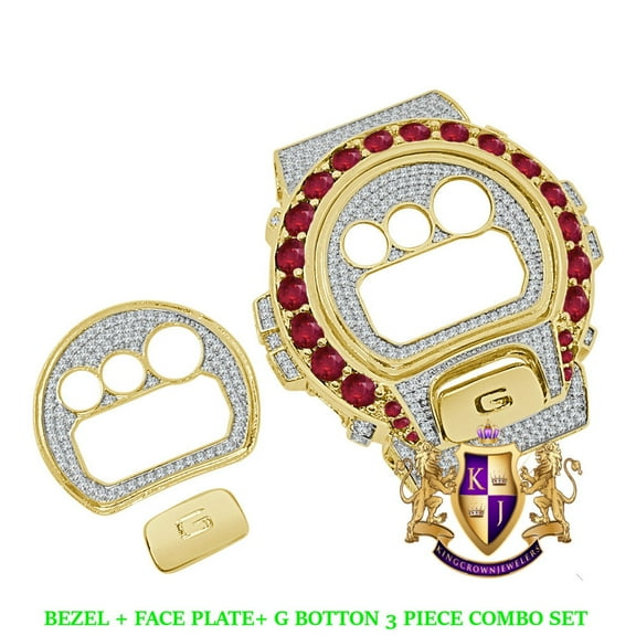 Solitaire Pink Yellow Gold G Shock DW-6900 Simulated Diamond Watch Custom Cover Case Face Plate Bezel G Button 3 Piece Set