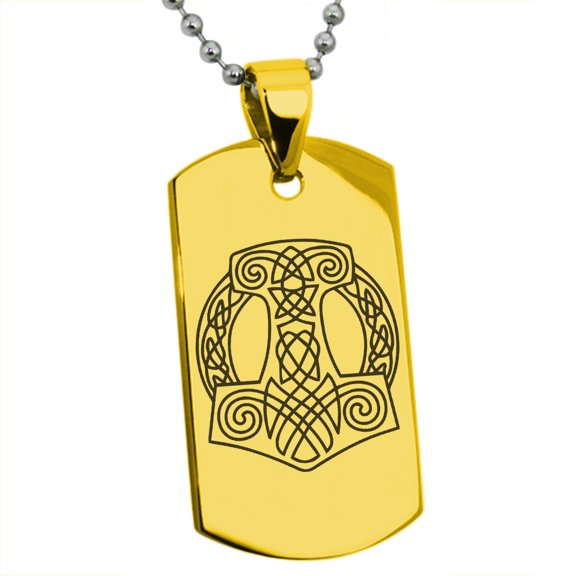 Stainless Steel Majesty Thor's Hammer Mjolnir Viking Engraved Dog Tag Pendant Necklace