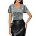 thumbnail image 6 of Purcolt Women's Sequin Tops Ruffle Sleeves Glitter V Neck Dressy Blouses Sparkly Tops for Cocktail Evening Party Club Concert Shirt, 6 of 9