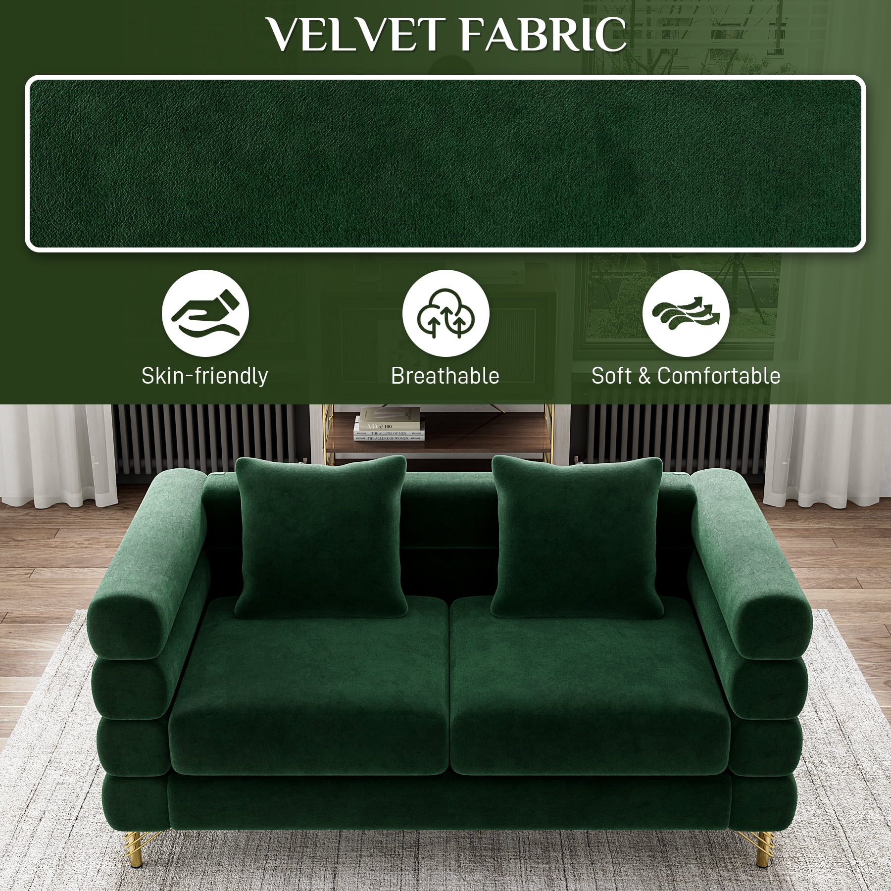 Wiilayok 59" Velvet Cloud Couch, 2 Seater Deep Seat Sofa Couches with Gold Legs,Pillows,Modern Loveseat Sofa for Living Room Bedroom Office Apartment,Emerald Green