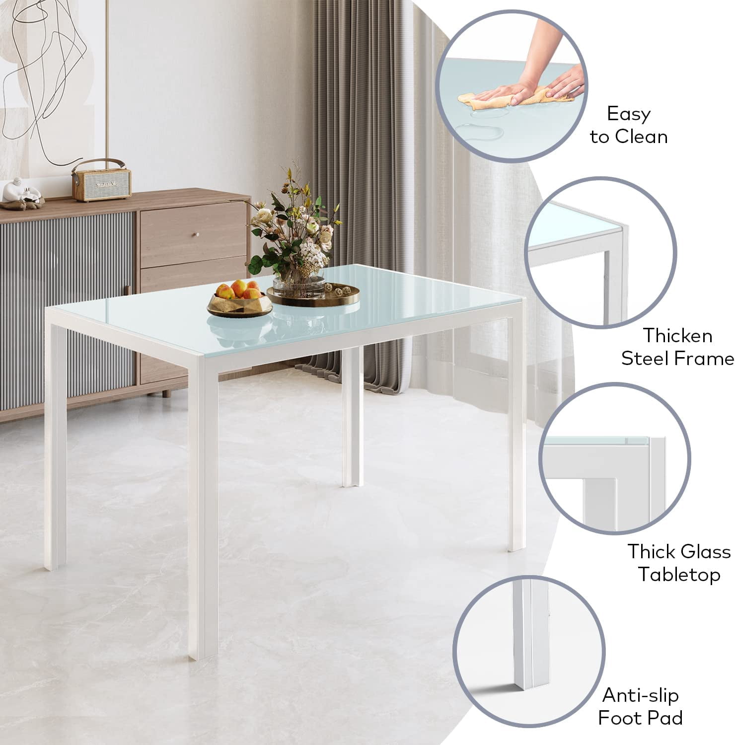 Aiho 6-Seater Modern Dining Table Set with PU Leather Chairs for Kitchen, Small Spaces, White