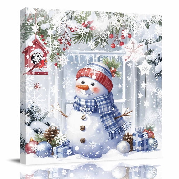 Canvas Print Wall Art Oil Paintings Christmas Snowman Blue Grid Scarf Picture Prints Artwork for Living Room Kitchen Bathroom Bedroom