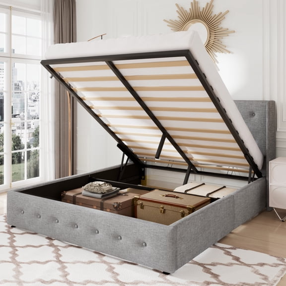 Allewie Queen Size Lift Up Platform Storage Bed Frame with Button Tufted Upholstered Wingback Headboard, Light Gray
