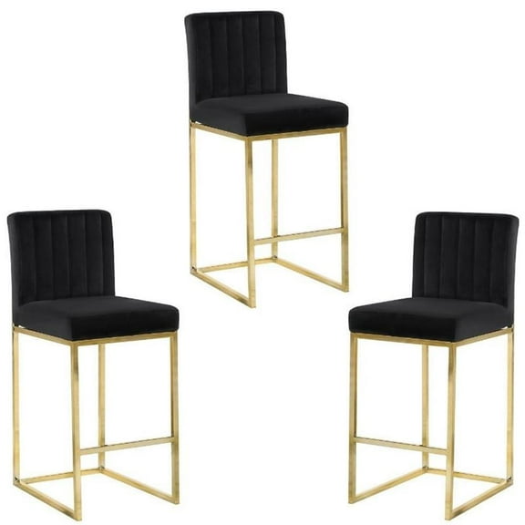 Home Square 3 Piece 26" Velvet Counter Stool Set with Gray Metal Base in Black
