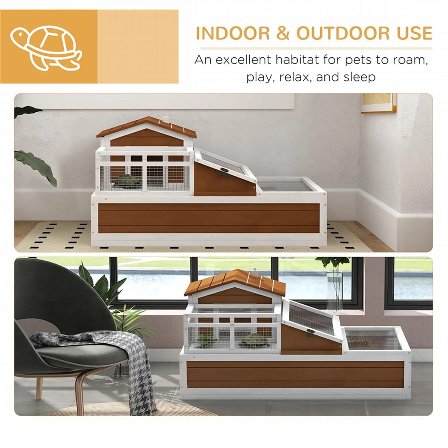resenkos 44" Wooden 3-Room Tortoise House with Balcony & 2 Stories, Reptile Cage Enclosure for Turtles, Lizards, Snakes, Small Animal Habitats, Brown