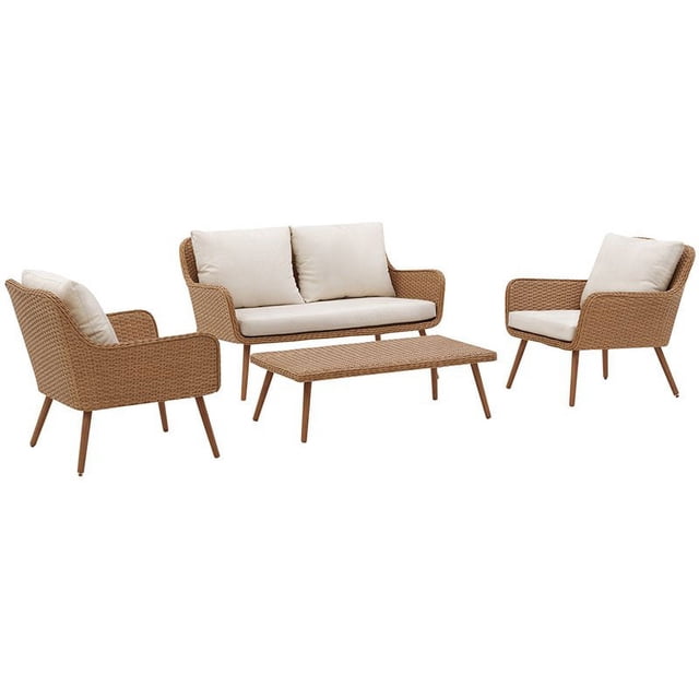 Crosley Landon 4 Piece Patio Sofa Set in Light Brown and Oatmeal