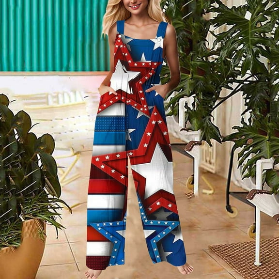 Bzhegqhd Women's Independence Day Print Loose Buttoned Jumpsuit Trousers with Pockets Jumpsuits