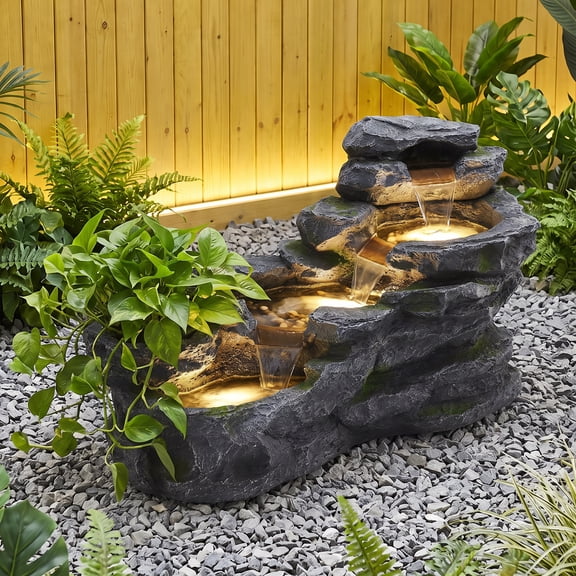 Haverchair 36.6" L Outdoor Water Fountain, 4-Tier Garden Fountain w/LED Lights, Floor Standing Rock Natural Waterfall with Planter, Outdoor Cascading Waterfalls for Patio, Porch, Backyard