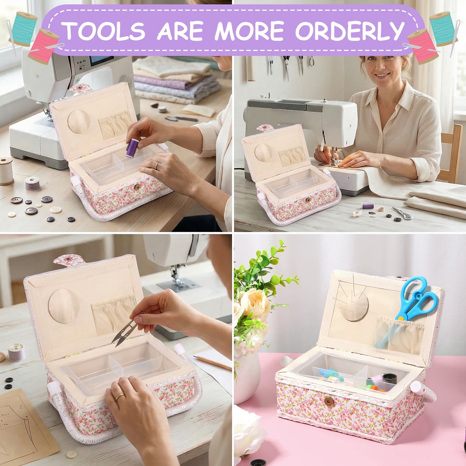 Atopoler Floral Sewing Basket,Vintage Wood Sewing Box with Tray and Handle for Traveling Beginner Professional,No Accessories,Pink Color