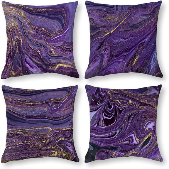Purple Gold Marble Pillow Covers Set of 4 18"x18" Abstract Decorative Throw Pillow Cases for Sofa Couch Bed Chair Living Room Elevate Your Space with Luxurious Purple and Gold Cushion Covers