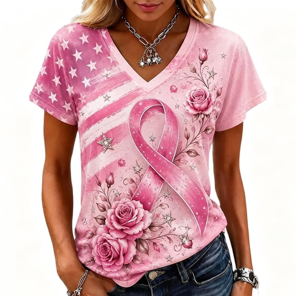 JULMCOMO Breast Cancer Awareness Shirts for Women V Neck Breast Cancer Survivor Support Graphic Tees Short Sleeve Loose Casual T-Shirts Light pink S