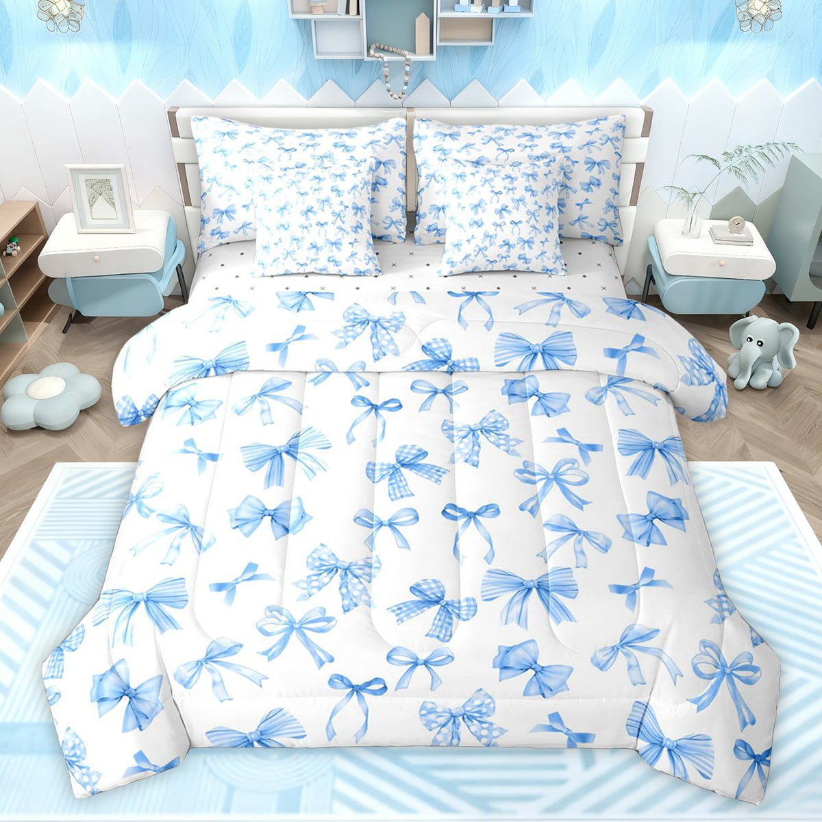 Castle Fairy Preppy Child Cartoon Bowknot Bedding Comforter Set 7 Pieces Blue White Full Bedding Set Lightweight Dreamy Princess Bowtie Fitted Sheet Flat Sheet Microfiber Bedroom Decor Reversible