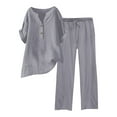 thumbnail image 2 of Tittly womens linen set Lounge Travel Sets linen sets for women 2 piece linen matching set women linen pant suits for women Womens Short Sleeve V Neck Shirt Long Pants Set Gray, 2 of 5