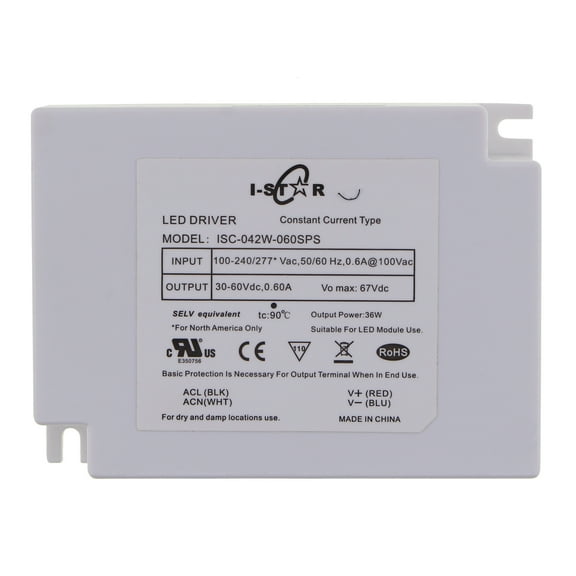I-Star ISC-042W-060SPS Constant Current LED Driver, 30-60Vdc, 0.60A, 36W, 120-240/277V