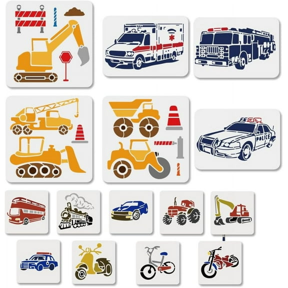 15Pcs Vehicles Theme Stencil Set Construction Vehicle Painting Stencils 5.9~11.8inch Reusable Motorcycle Drawing Template with Paint Brush for Craft on Window Wood Wall Home Decor