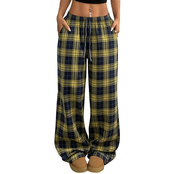 Boyscolos Womens Plaid Wide Leg Pants Elastic Waist Drawstring Joggers Sweatpant Fashion Baggy Lounge Streetwear with Pocket