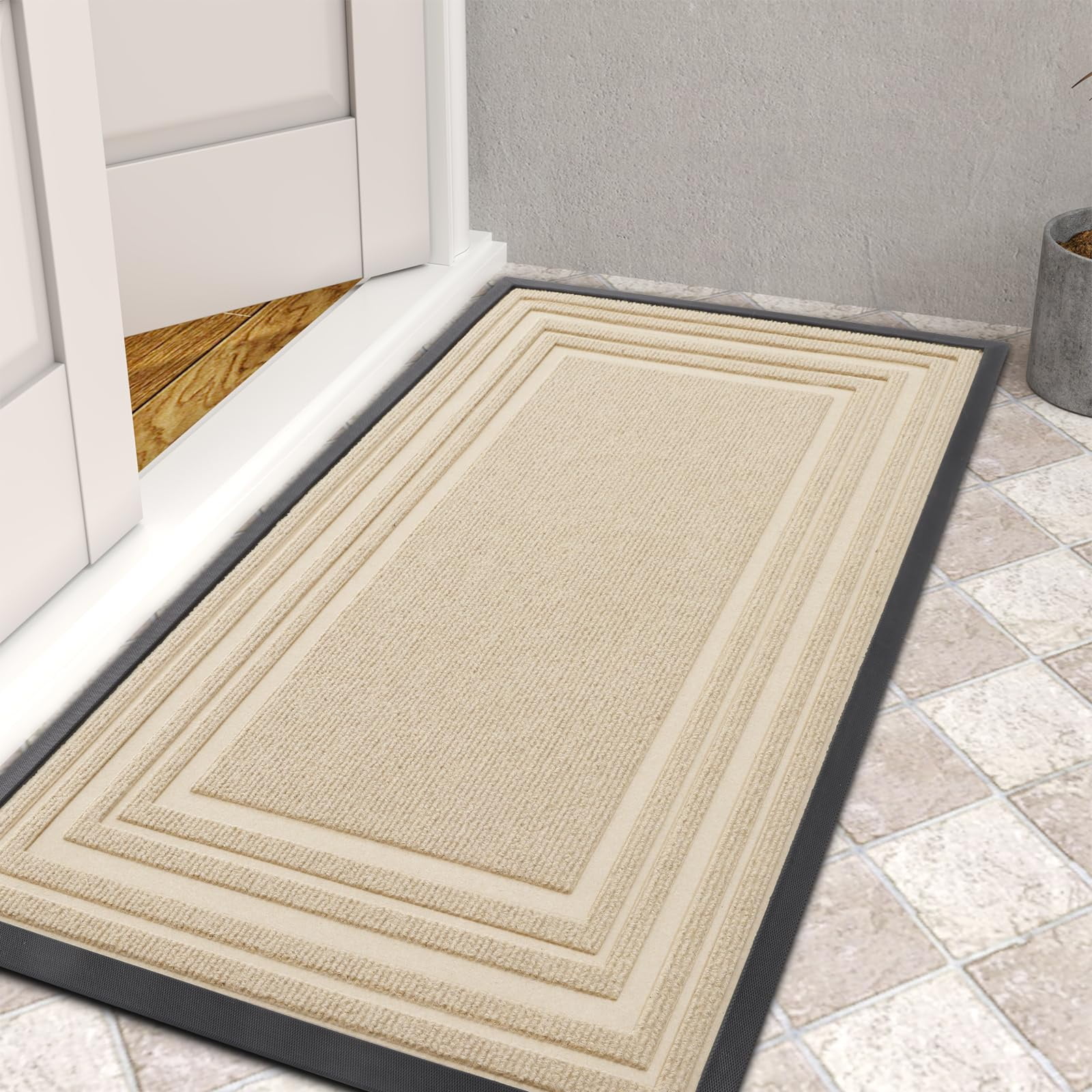 Buganda Heavy Duty Door Mats, Non Slip Waterproof Rubber Doormats for Outdoor and Indoor, Low Profile Dirt Trapper Entry Rugs, 47"x32", Beige