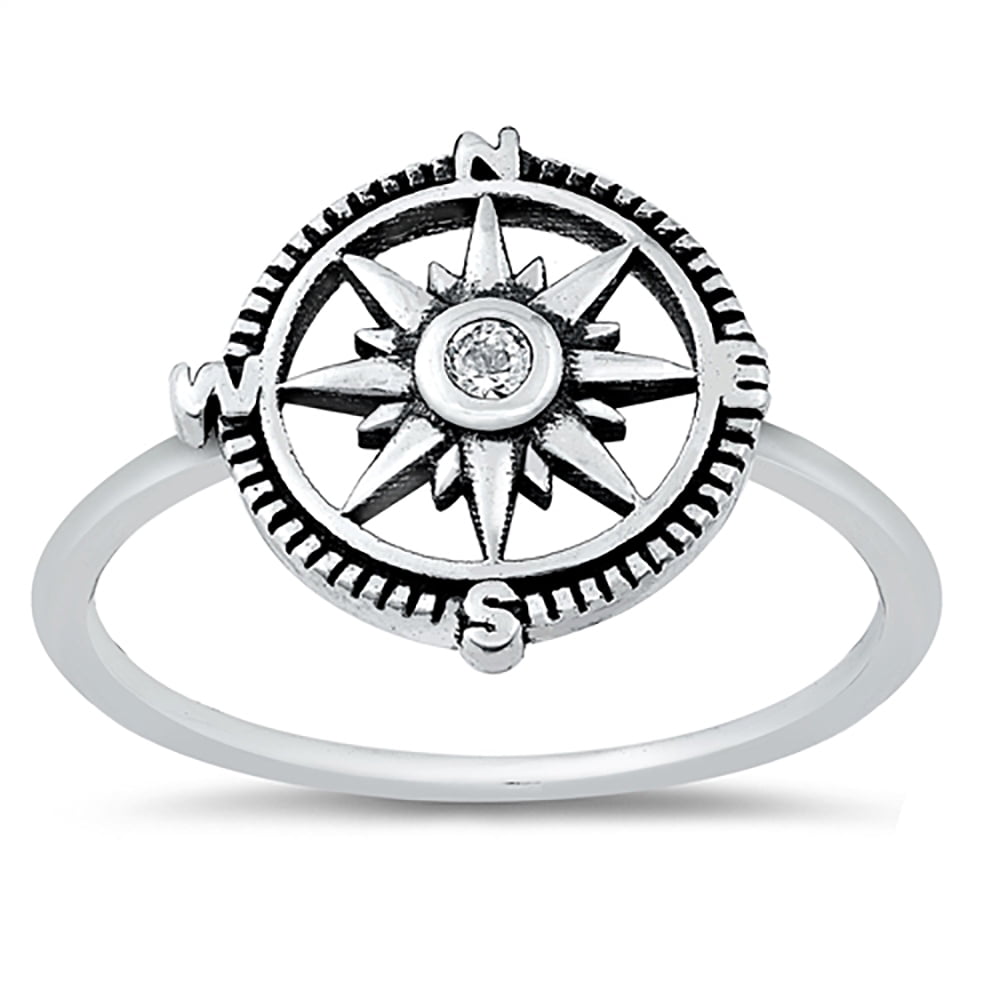 Bezel Clear Cubic Zirconia Compass Ring Oxidized Sterling Silver Size 7