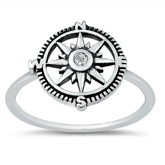 Bezel Clear Cubic Zirconia Compass Ring Oxidized Sterling Silver Size 5