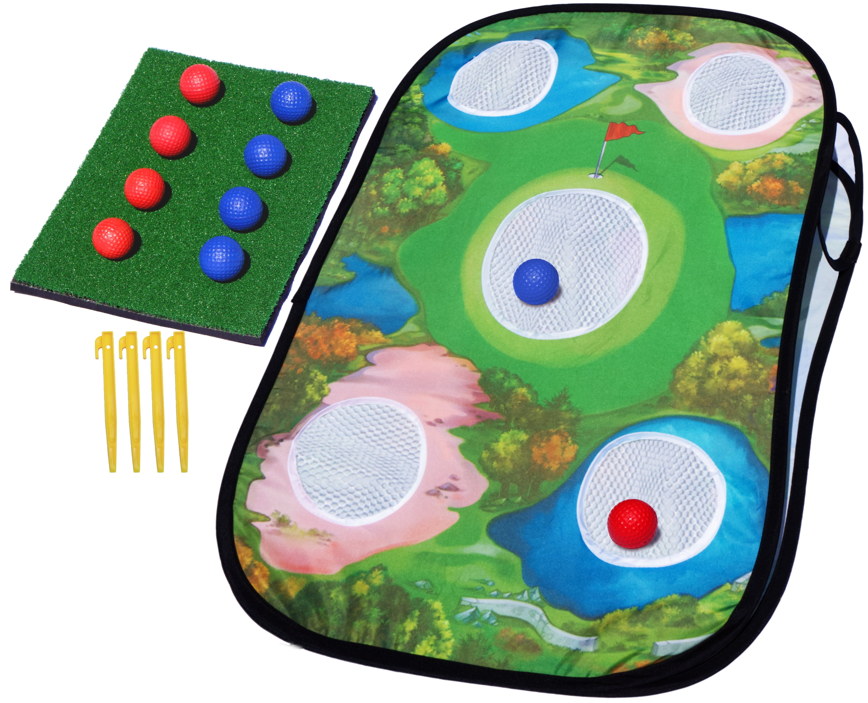 Golf Chipping Cornhole Game for All Ages | Double Sided Pop Up Golfing Target, Chipping Mat , 10 Soft Practice Balls for Indoor & Outdoor Play
