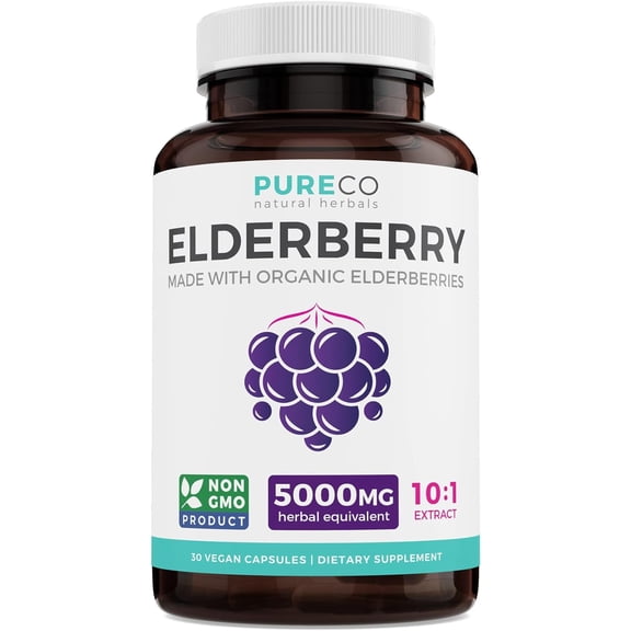 Pure Co 5,000mg Organic Elderberry Capsules for Immune Support, 10:1 Elderberry Extract, 30 Capsules
