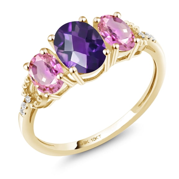 Gem Stone King 1.97 Cttw Purple Amethyst Pink Sapphire 3-Stone Diamond Engagement Ring for Women | 10K Yellow Gold | Gemstone Birthstone | Oval 7X5MM and 6X4MM (Size 9)