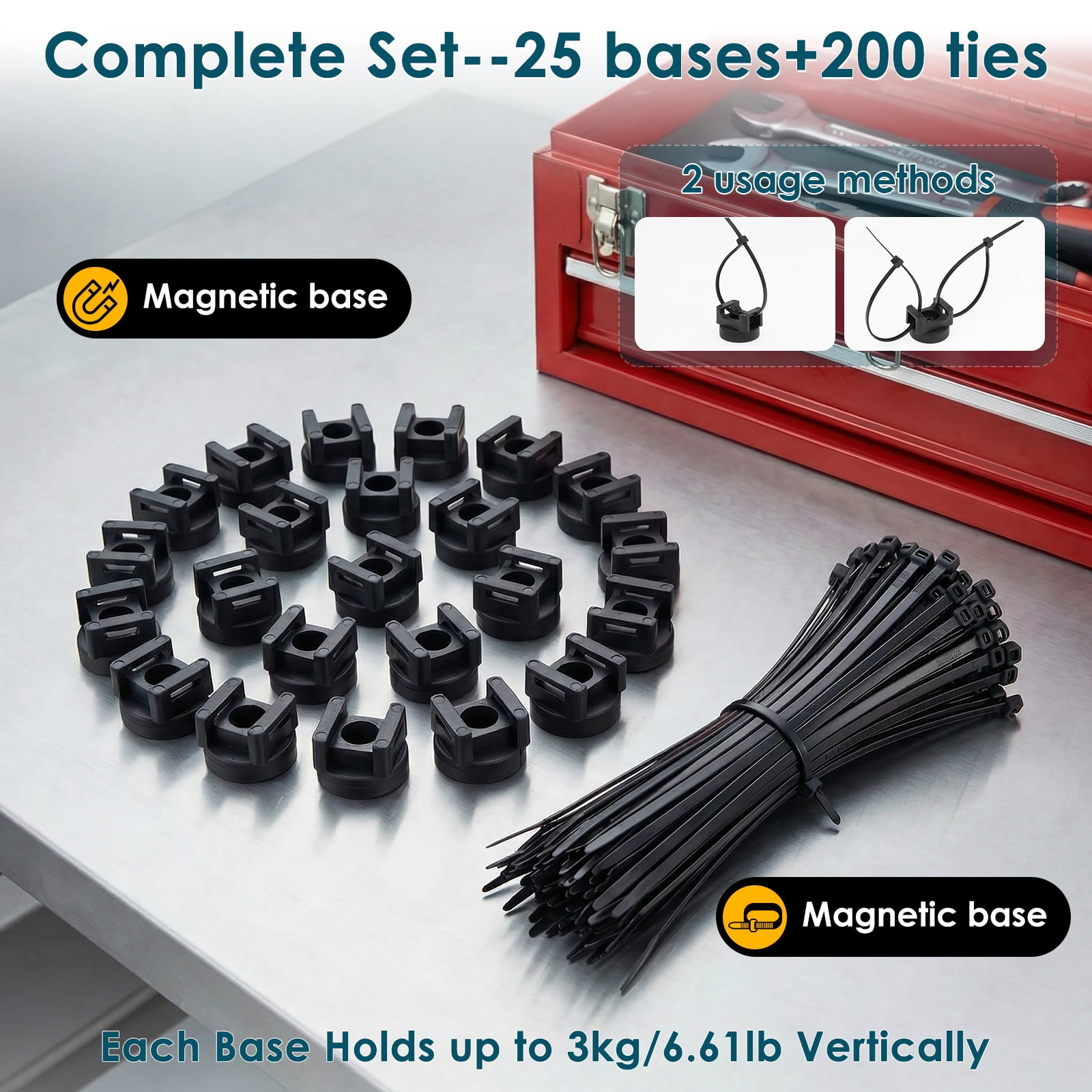 Grusce Magnetic Cable Ties Set, 25 Magnetic Tie Mounts with 200 Cable Ties, Wire Holder Cables Management, Multipurpose Electrical Cord Holders Organizer for Home Office