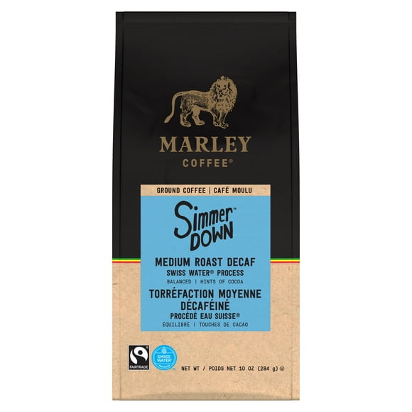 Café moulu Marley Coffee Simmer Down, décaféiné à torréfaction moyenne, sac de 284 grammes Café décaféiné de torréfaction moyenne.