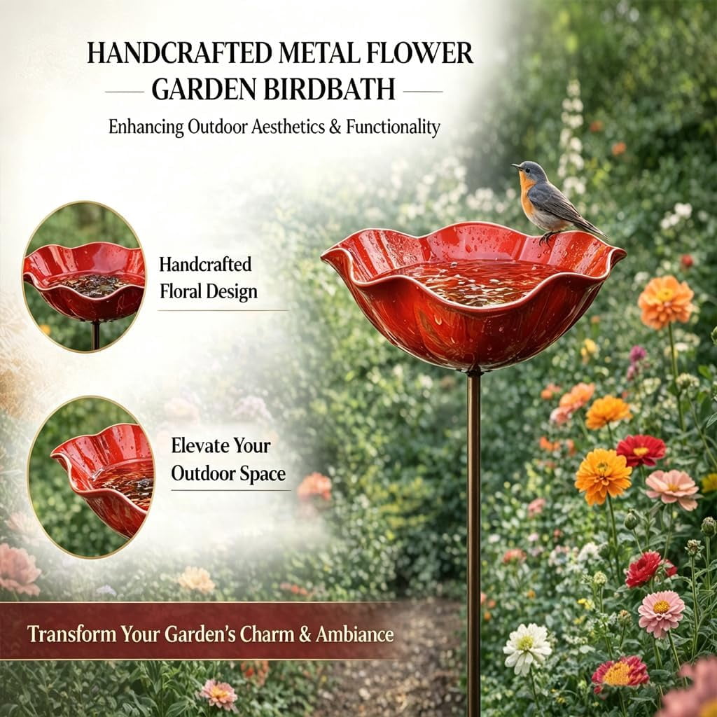 Handmade Metal Flower Garden Stake Bird Bath – Mini Bird Bath & Pollinator Water Station for Outdoor Yard Decor (Red,4)