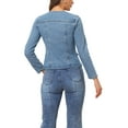 thumbnail image 3 of Chaqueta de mezclilla elástica para mujer INSPIRE CHIC con solapa, un botón y mangas largas, color azul claro, talla M, 3 of 6
