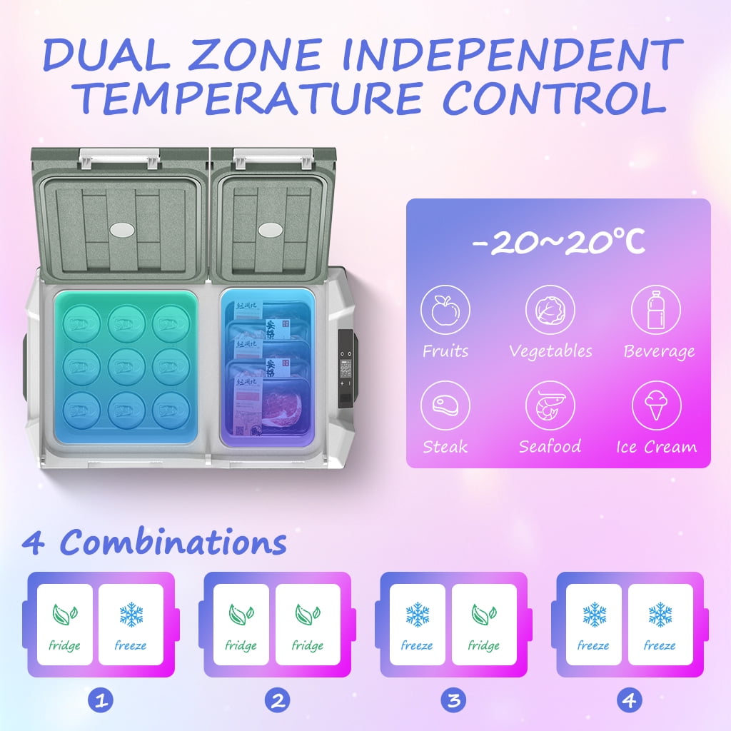 Alpicool 12V Refrigerator Car Fridge, Portable Refrigerator with Dual Zone and Independent Control, 12V / 24V DC Portable Freezer (-4℉ to 68℉) RV Compressor Fridge Electric Cooler for Camping