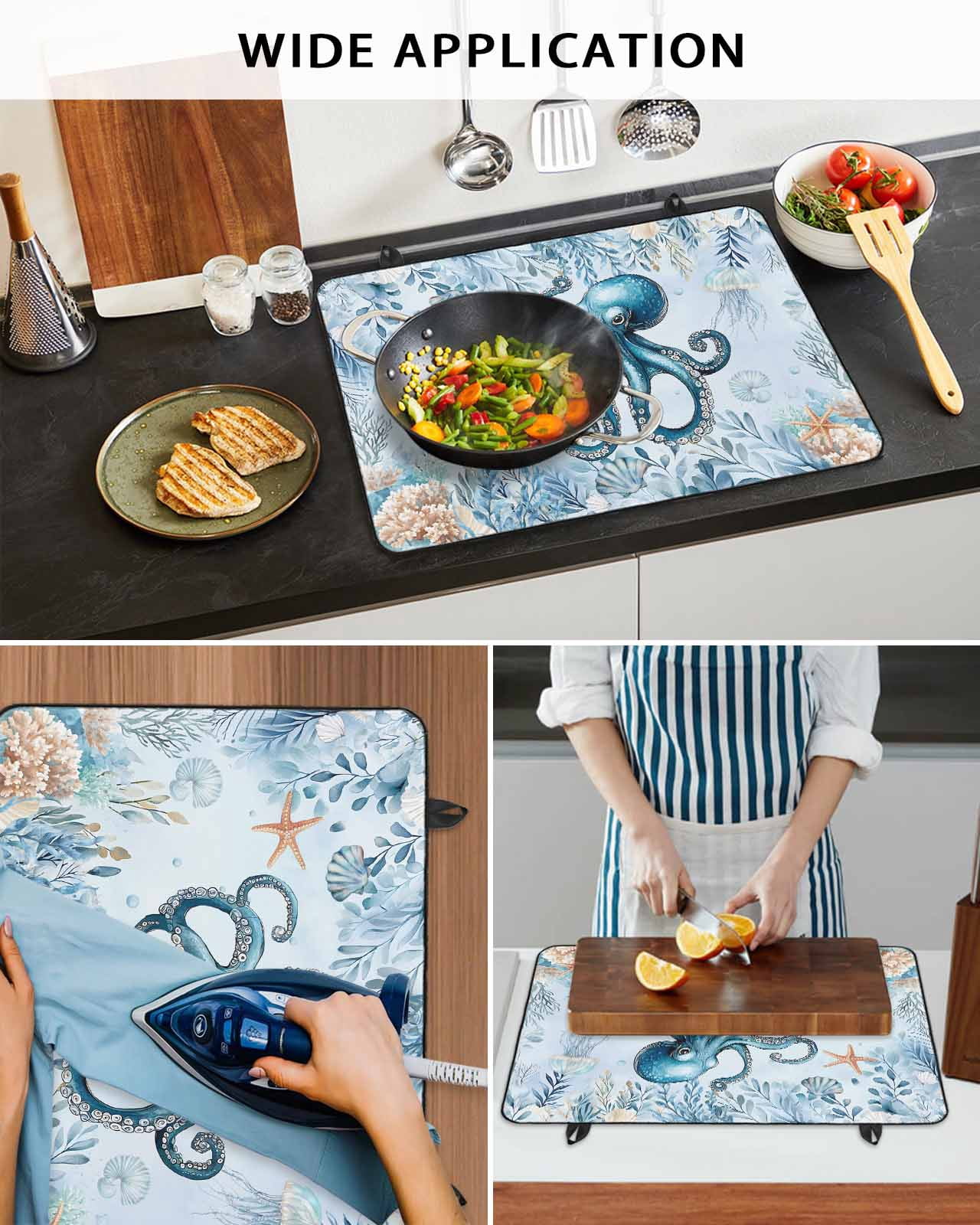 nqOlkjepod Large Induction Cooktop Protector Mat 24"x21", Blue Octopus Coastal Stove Top Covers for Electric Stove, Eucalyptus Leaves Botanical Stove Burner Cover Mats, Glass Top Stove Cover