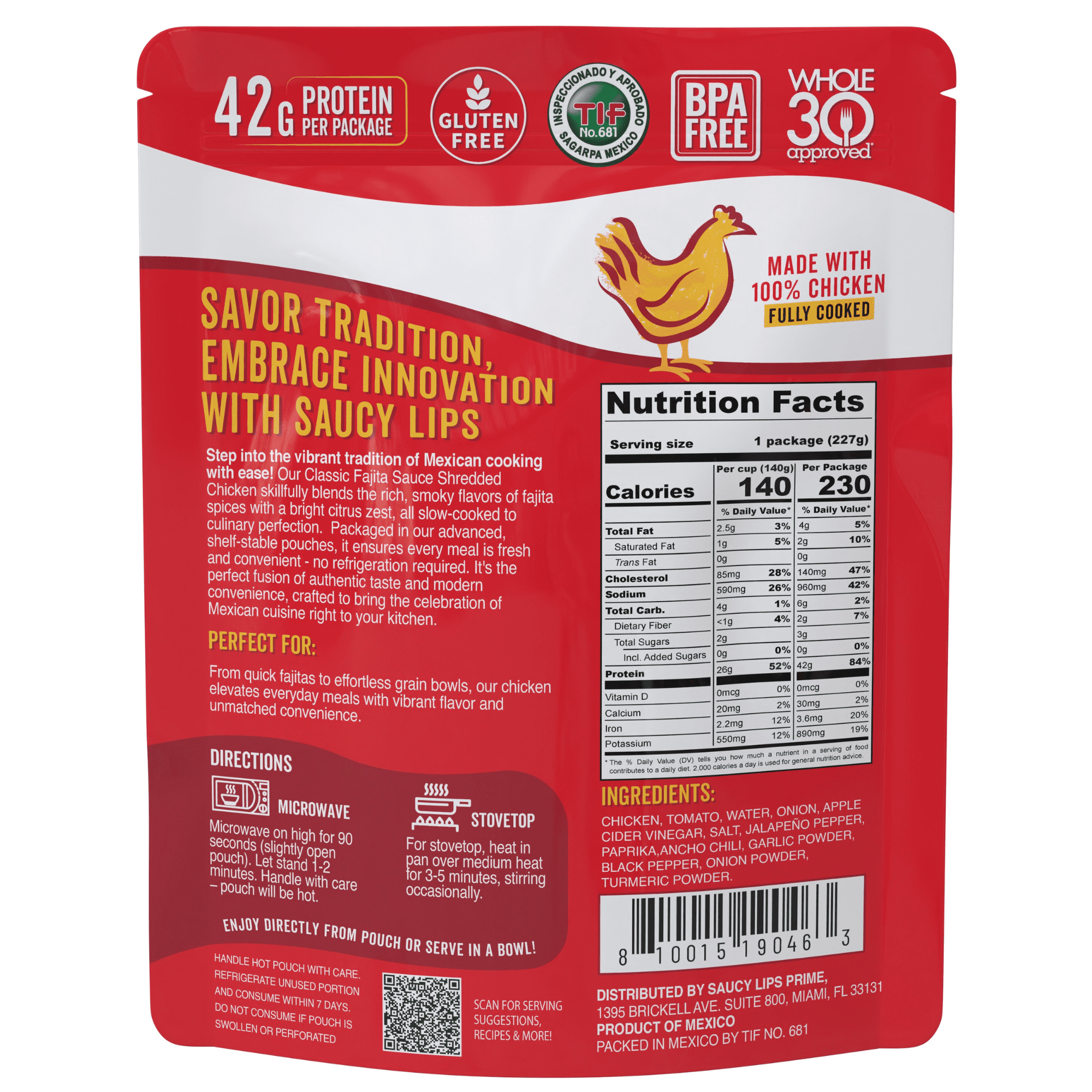 (6 pack) Saucy Lips Ready-To-Eat Fajita Shredded Chicken, Shredded & Seasoned, 42g Protein, 8 oz Pouch