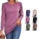 thumbnail image 4 of Top de manga larga con hombros plisados, cuello redondo, Color puro, ajuste holgado, jersey informal para mujer para Otoño Invierno, 4 of 6