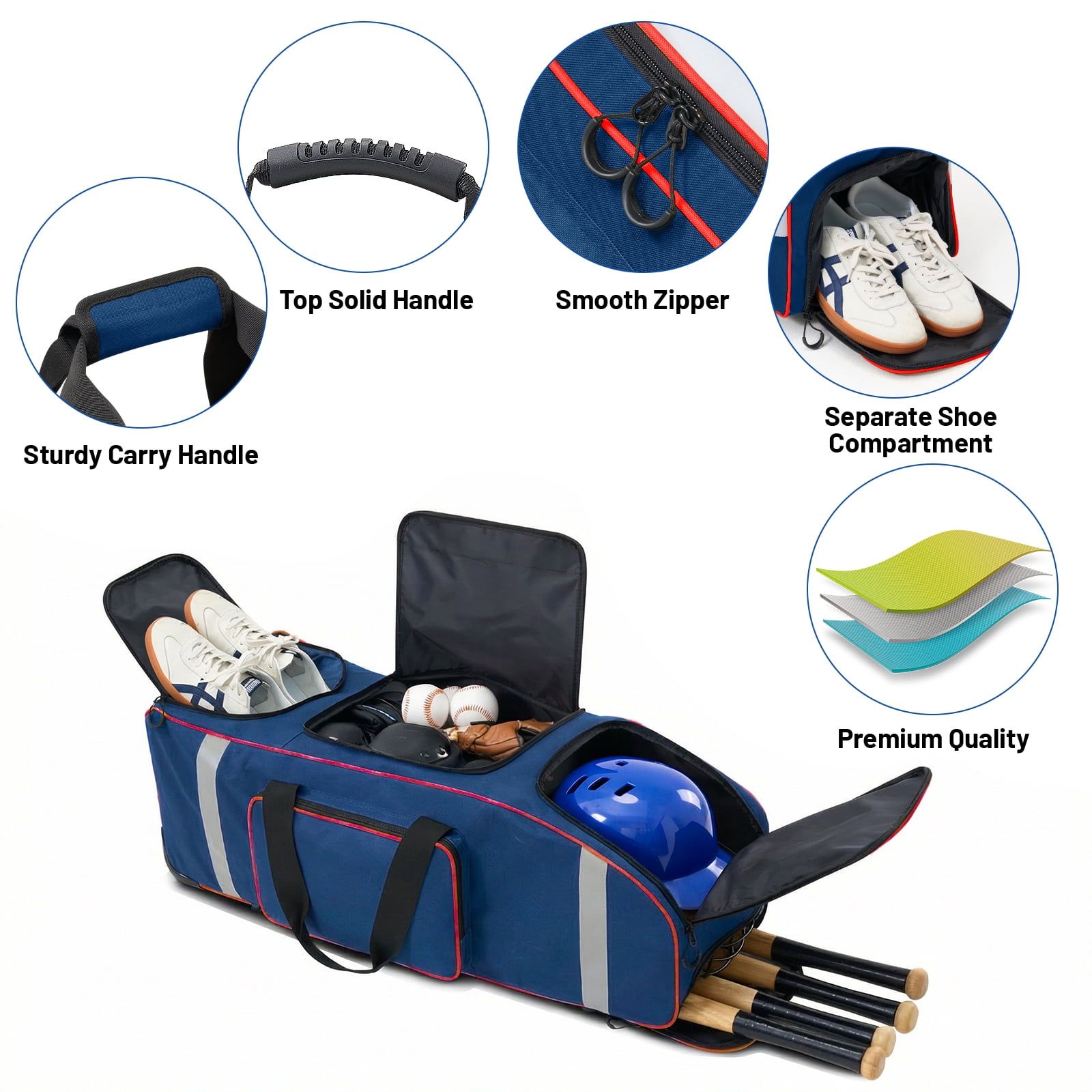 Fegat Large Catcher Gear Bag With Wheels, Soft Rolling Baseball Bag for 4 Bats, Portable Baseball Catcher Bag With Wheels, Multi-Pockets, Fence Hook, Holds All Softball Baseball Equipment