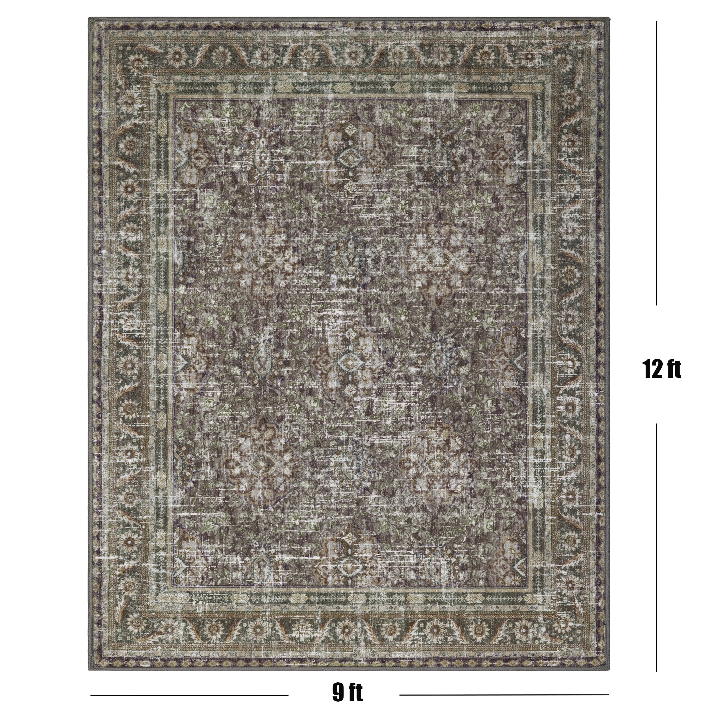 ARJINCUTE Distressed Vintage Low Pile Area Rugs 9'x12', Non-Slips Machine Washable Traditional Farmhouse Floor Carpet, Green
