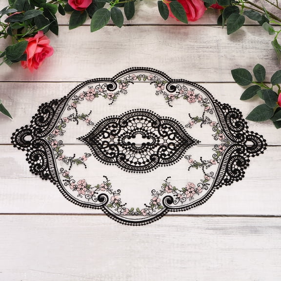 3 Pcs Lace Placemats, 17.3x6.8Inches Vintage Table Doilies Oval Embroidered Crochet Lace Dolly Cup Mat for Table Vase Home Decor, Black